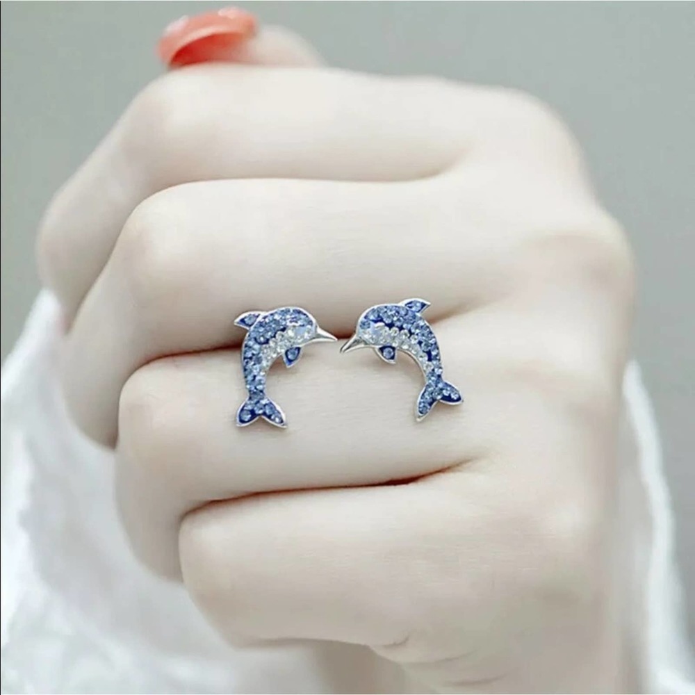 Dolphin crystal rhinestone silver earrings, New - Picture 3 of 14